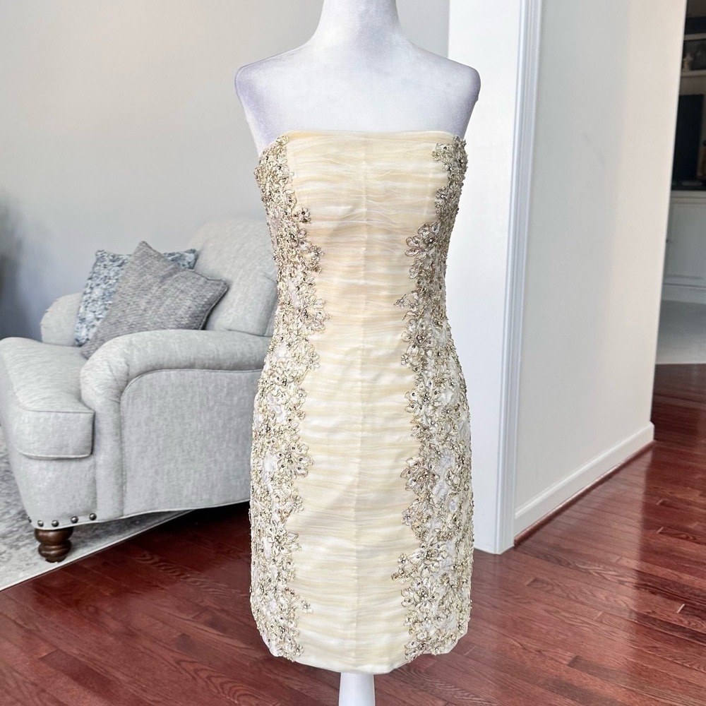 Vintage Tony Bowls Shorts Ivory Gold Strapless Beaded Cocktail Dress Size 6